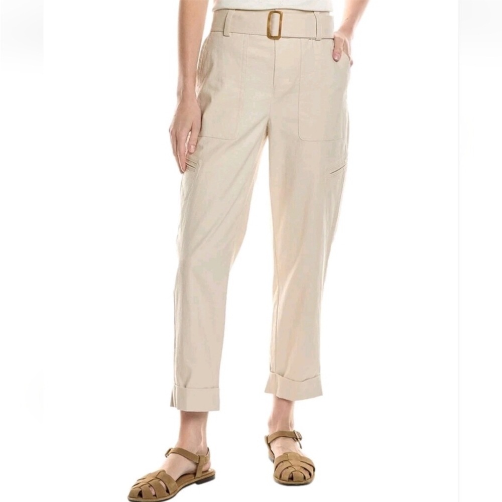 Vince Womens Pants Size XL Tan Linen Blend Belted Side Cargo Pockets Cuffed Hem